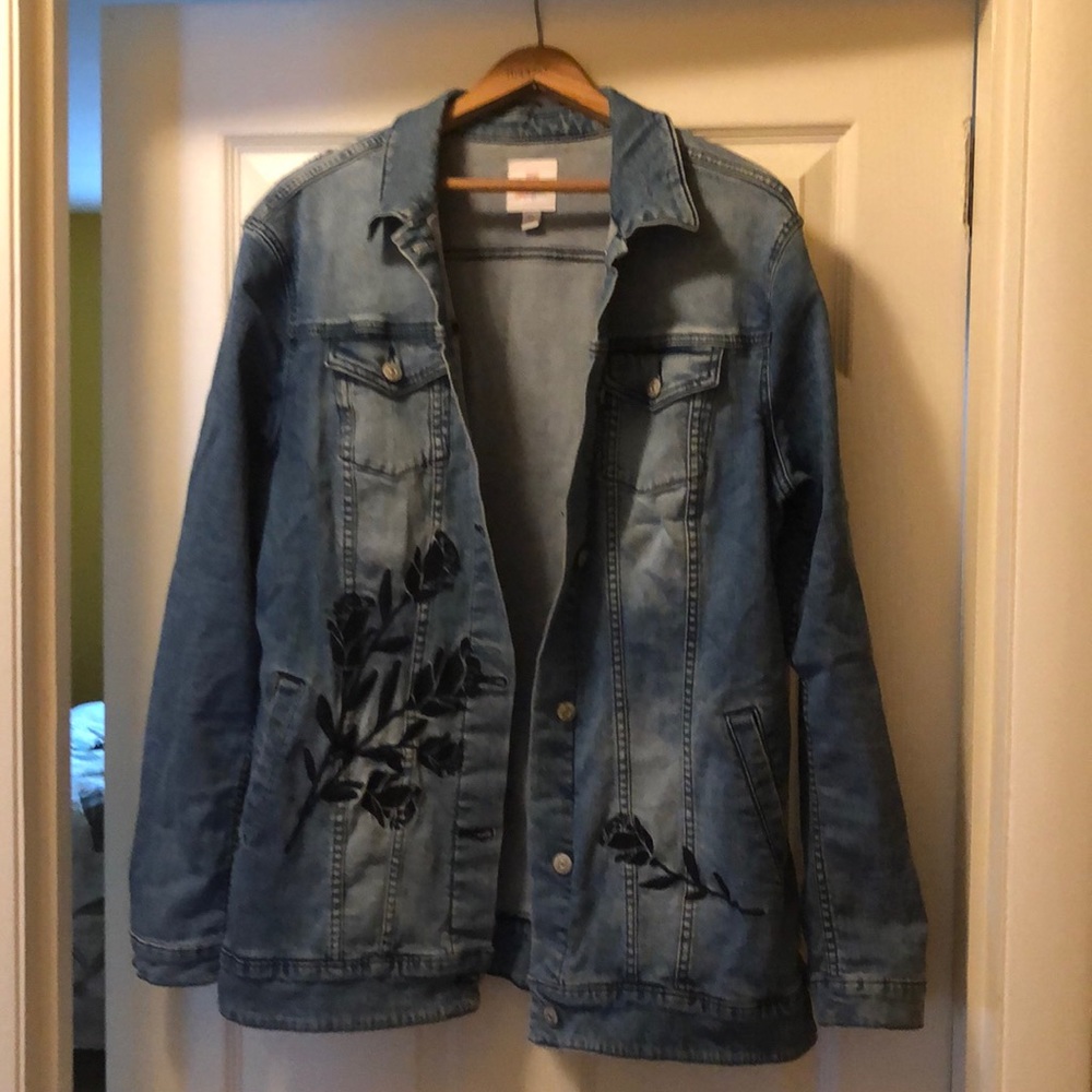 LuLaRoe Blue Jean Jacket with Black Floral Design